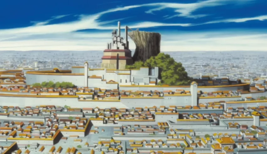 A painting of a city with a castle on top.