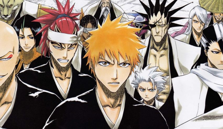 A group of anime characters standing in front of a white background.