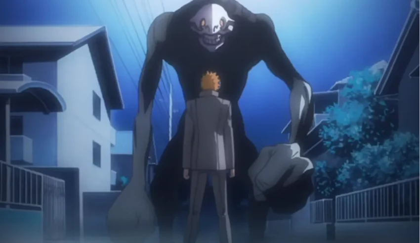 An anime character is standing next to a giant monster.