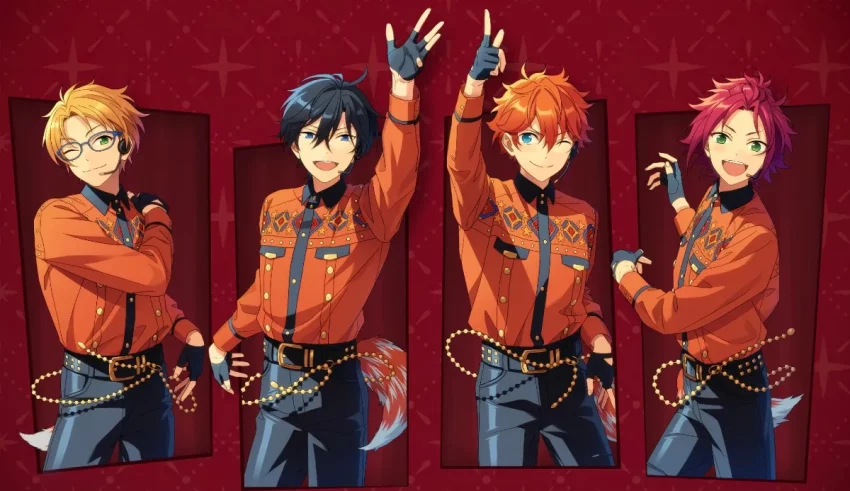 A group of anime characters posing in front of a red background.