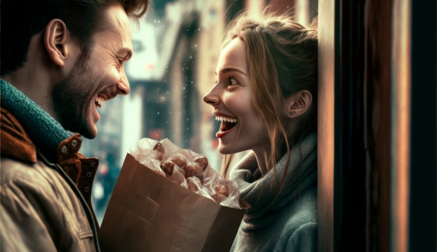 A man and woman laughing while holding a bag of doughnuts.