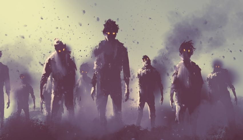 A group of zombies standing in a field.