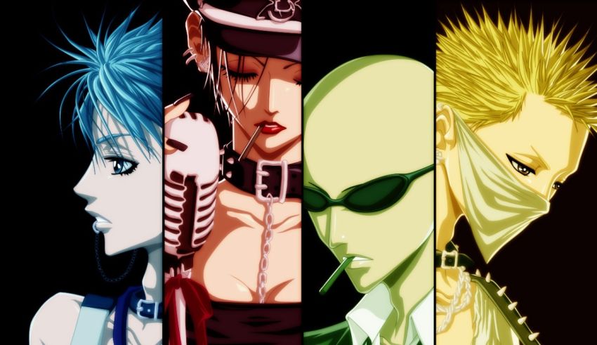 A group of anime characters with blue hair.