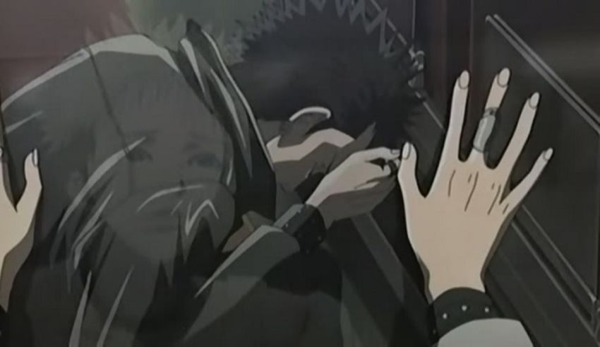 A man is reaching for his hand in an anime scene.