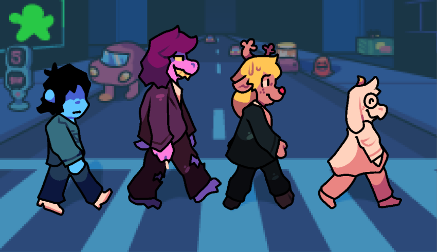 A group of cartoon characters crossing the street.