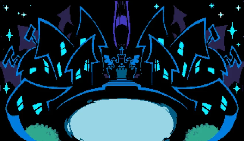 A black and blue drawing of a castle.