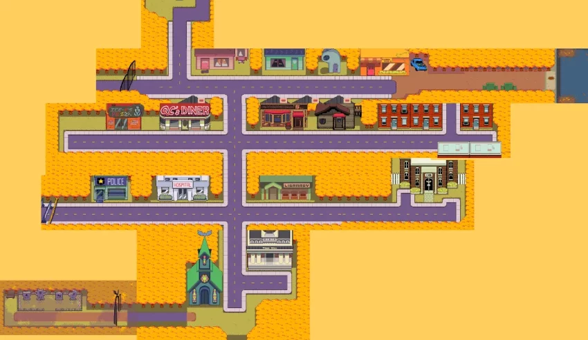 A pixelated map of a town.