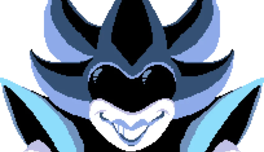 A pixelated image of a blue and black character.