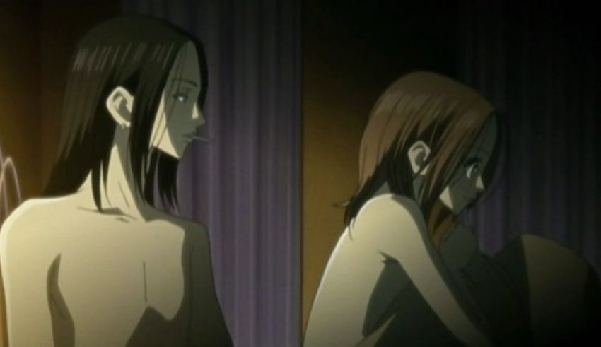 Two naked anime girls standing in a dark room.