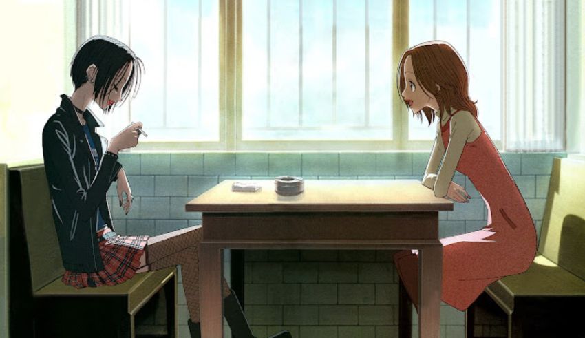 Two anime girls sitting at a table in front of a window.