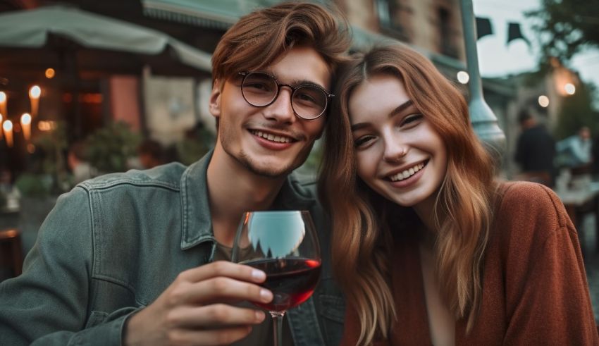 A young couple holding a glass of red wine.