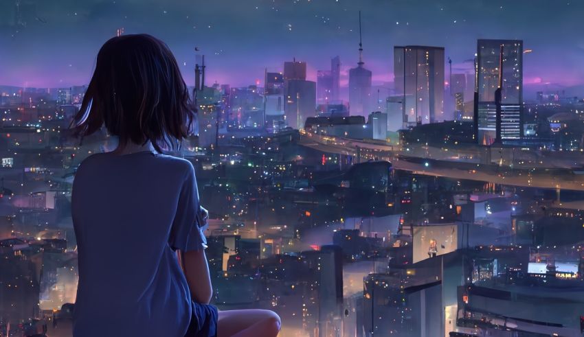 A girl looking out over a city at night.