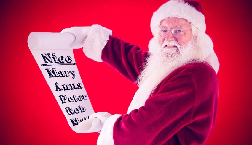 Santa claus holding a sign with the words nice mary anna.