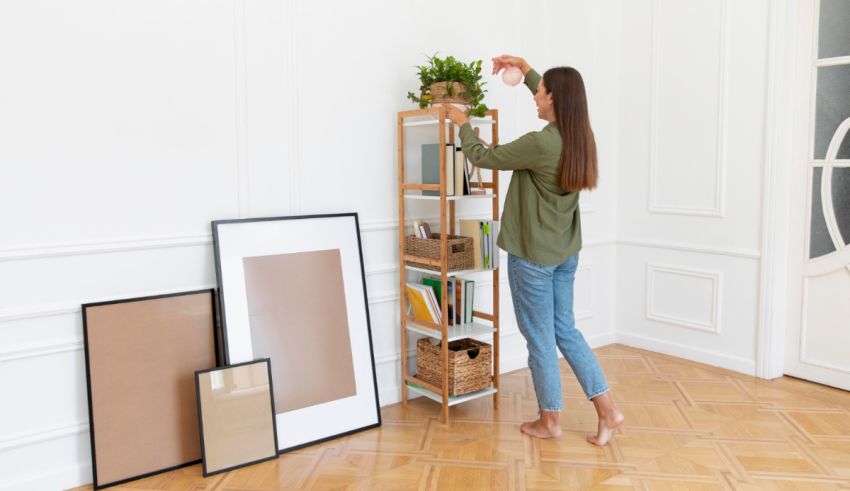 A woman is standing in a room with a plant on a shelf.