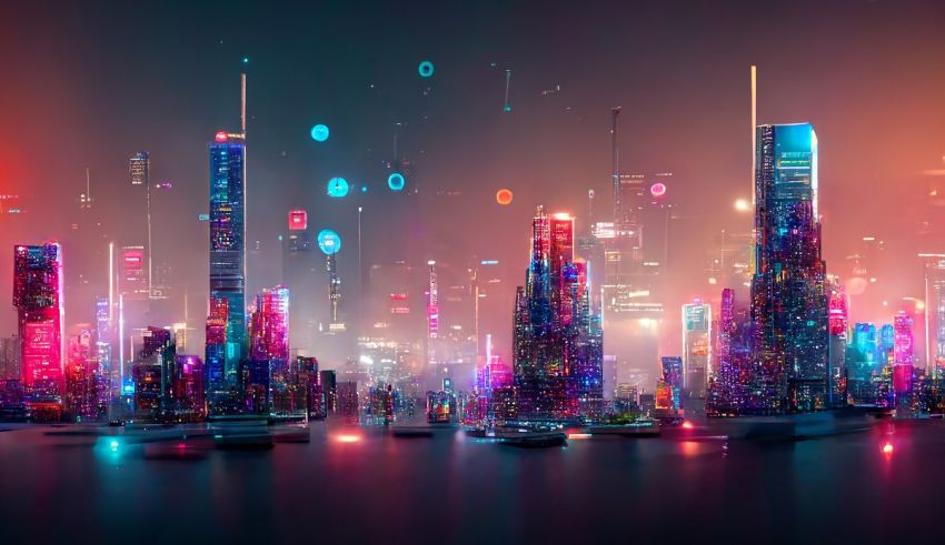 A futuristic city at night with neon lights.