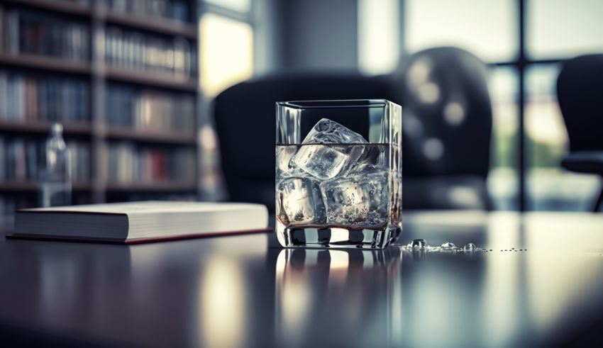 A glass of water with ice cubes on a table.