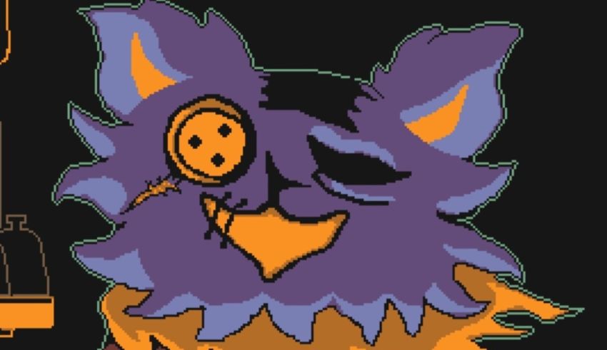 A purple cat with orange eyes and a knife.