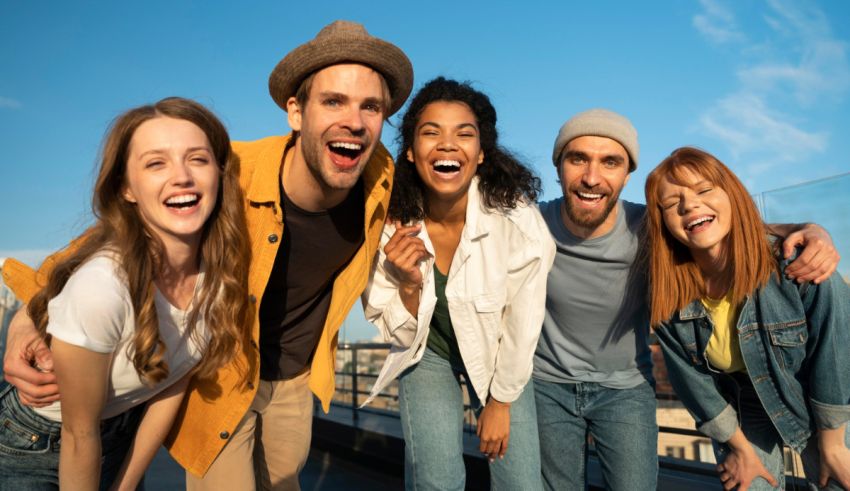 A group of friends laughing together on a rooftop.