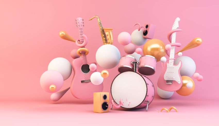 3d rendering of musical instruments on a pink background.