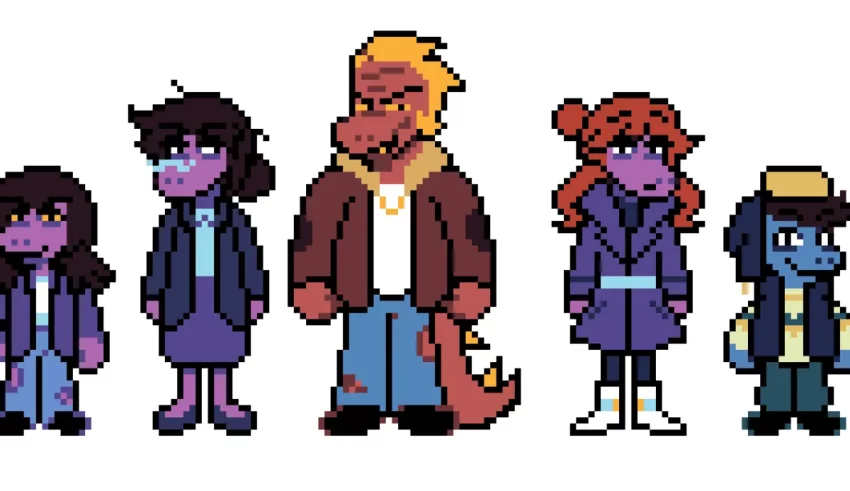 A group of pixel characters standing next to each other.