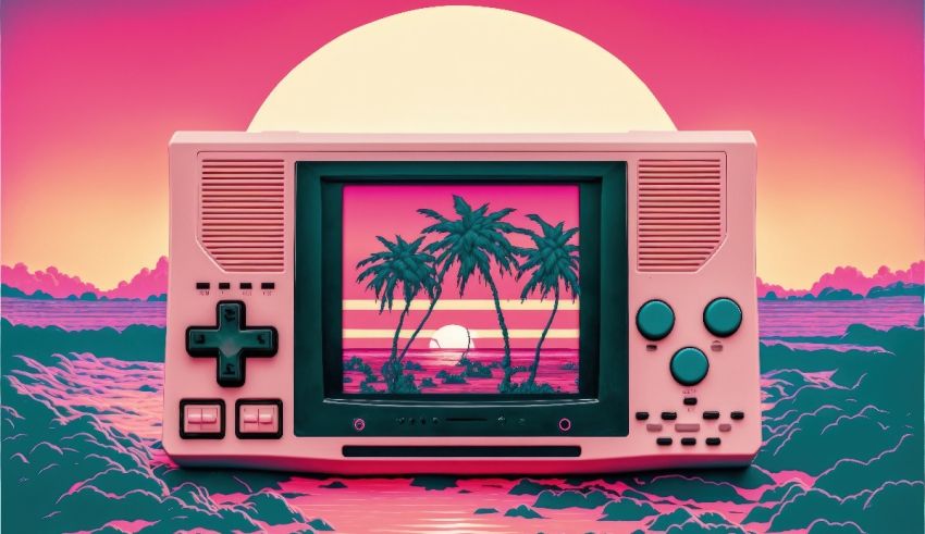 A pink gameboy with palm trees in the background.