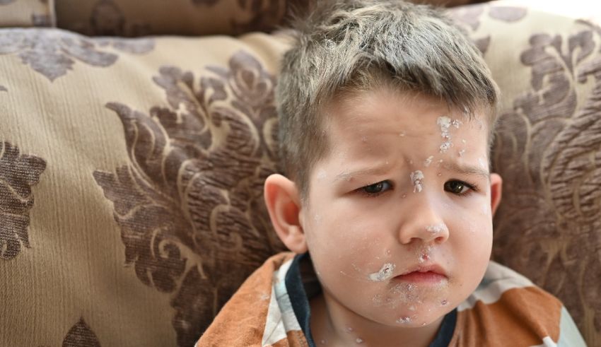 A young boy sitting on a couch with his face covered in icing.