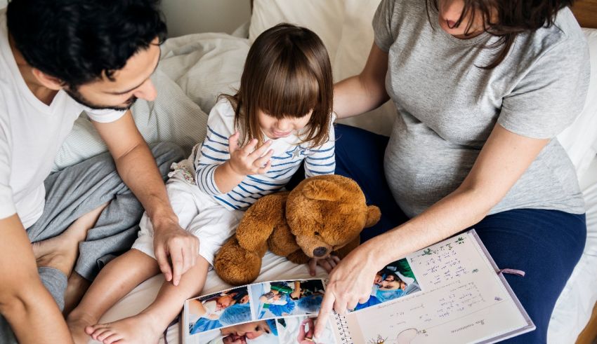 A family is sitting on a bed with a teddy bear.