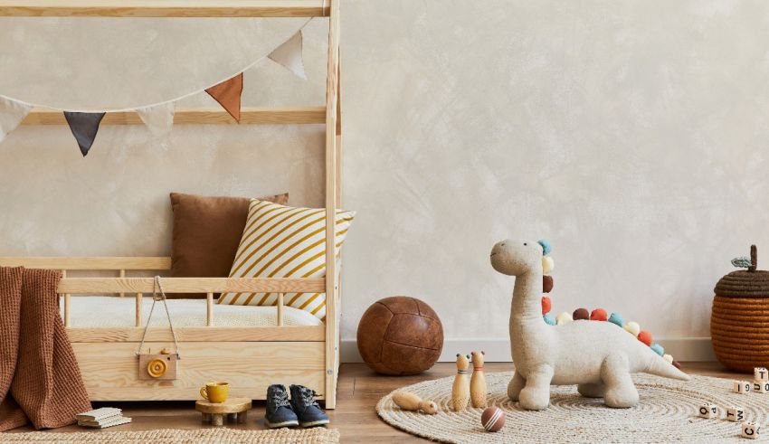 A child's room with a wooden bed and toys.