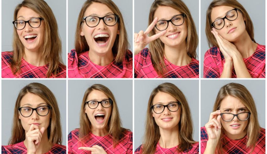 A collage of photos of a woman wearing glasses.