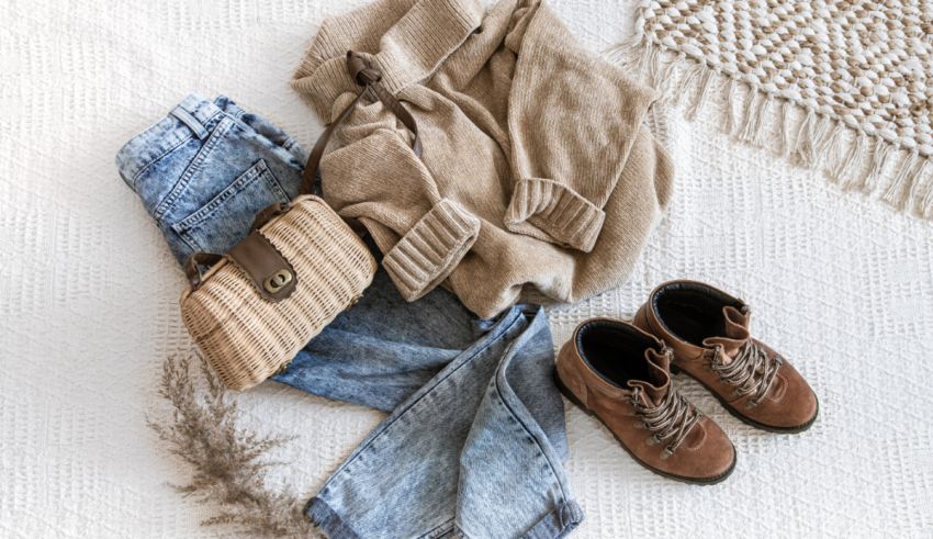 A white bed with jeans, a sweater, a bag and a pair of boots.