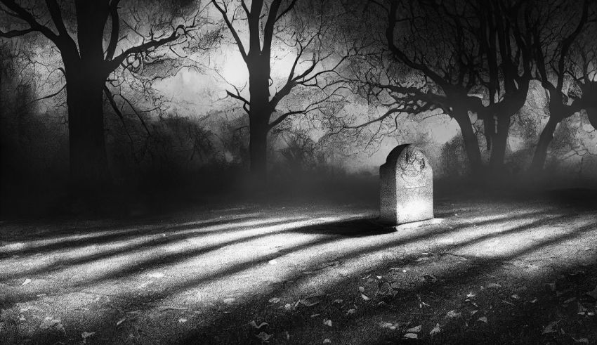 A black and white photo of a tombstone in a dark forest.