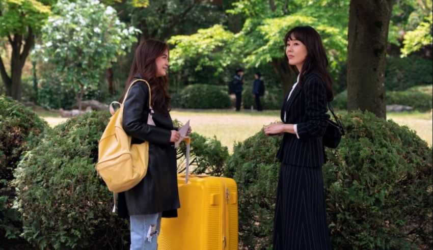 Two asian women talking in a park with a yellow suitcase.