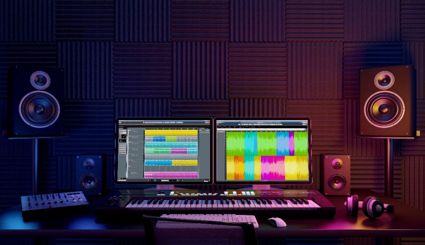 A music studio with two monitors and a keyboard.