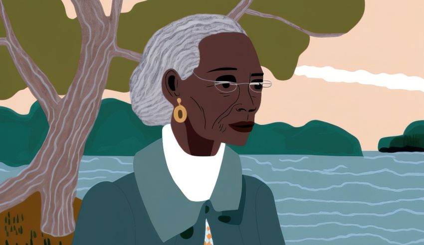 An illustration of an old woman standing by the water.