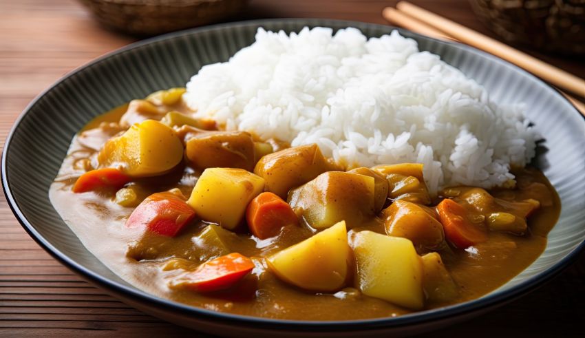 Japanese curry with rice and vegetables.