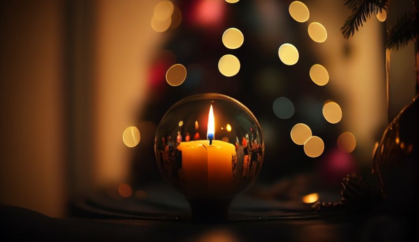 A candle is lit in front of a christmas tree.