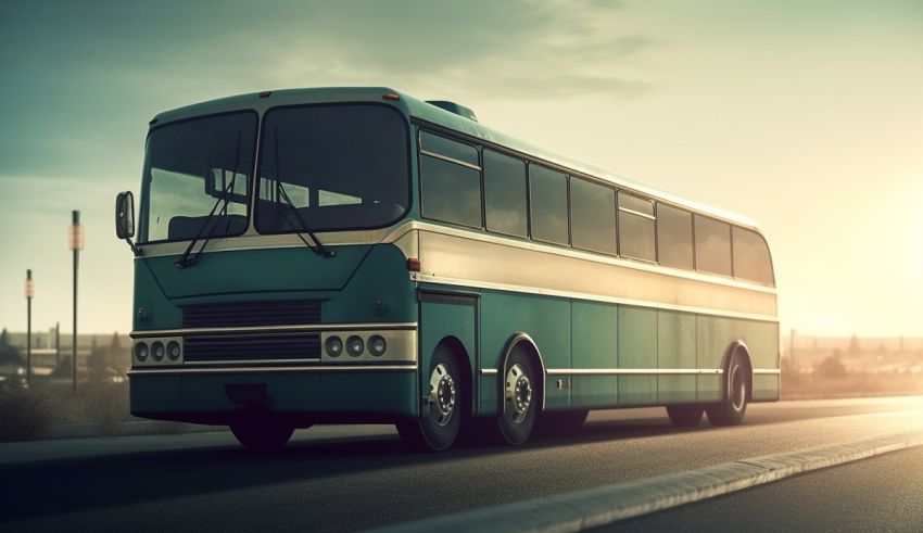 A blue bus is driving down the road at sunset.