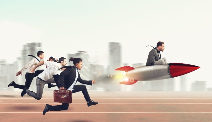 A group of business people running on a rocket.