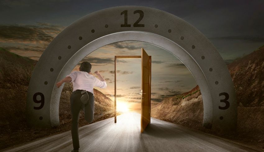 A businessman running through a doorway with a clock in the background.