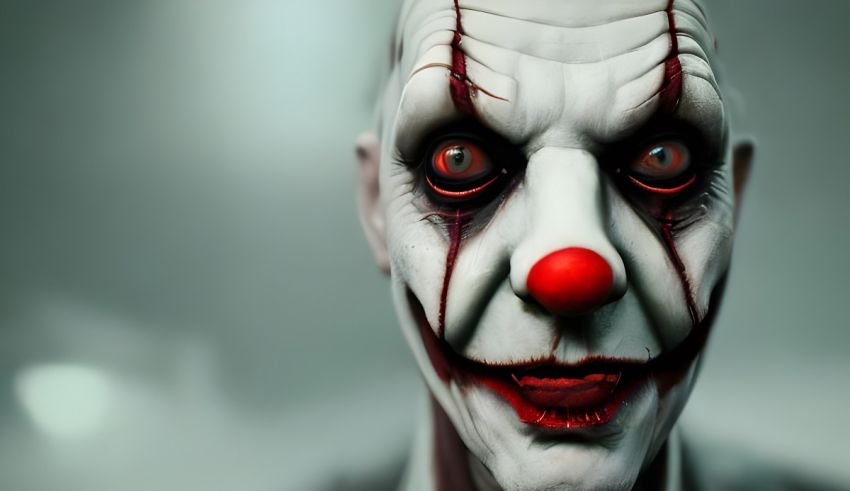 A close up of a clown with red eyes.
