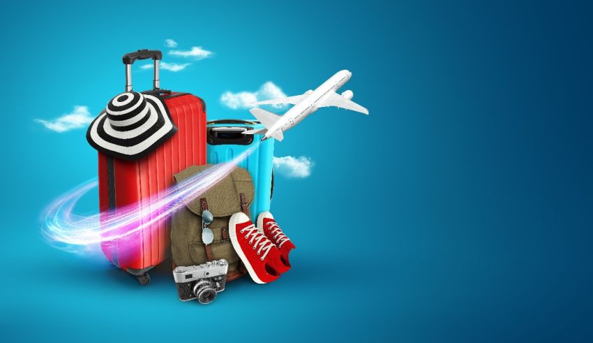 3d illustration of a suitcase with an airplane flying over it.