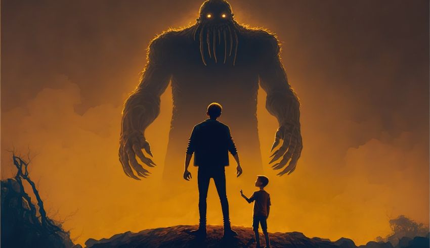 A man and a child standing in front of a giant monster.
