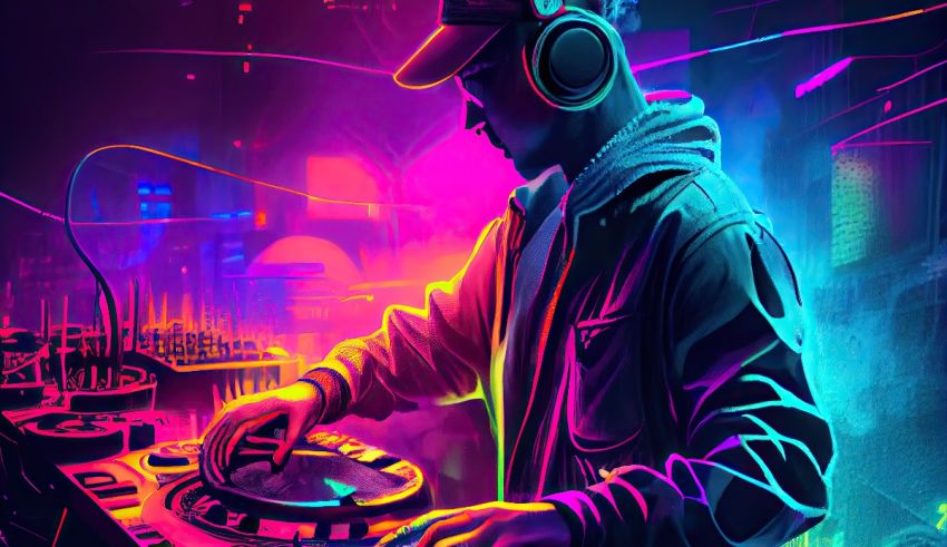 An image of a dj playing music in front of neon lights.