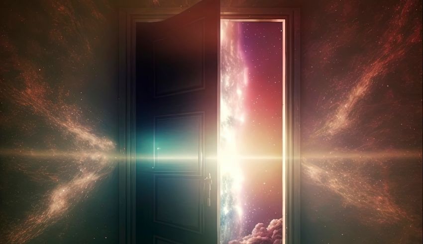 An open door with a starry sky in the background.