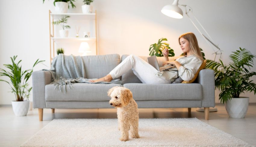 A woman is sitting on a couch with a dog and a plant.