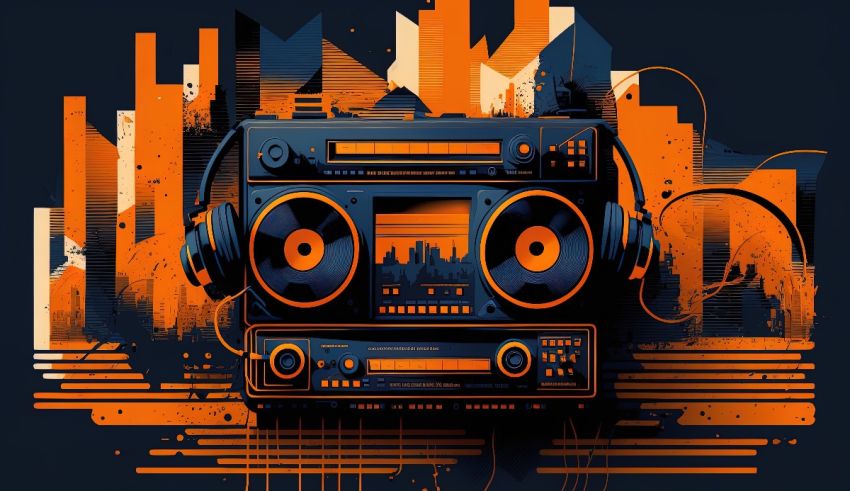 An orange boombox on a city background.