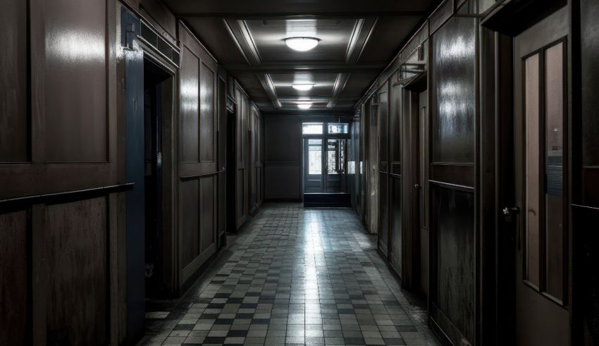 A dark hallway with wooden floors.