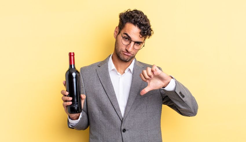 A man holding a bottle of wine and making a thumbs down gesture.