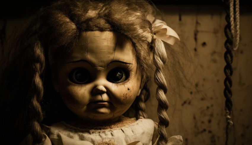 A doll with long hair is standing in a dark room.