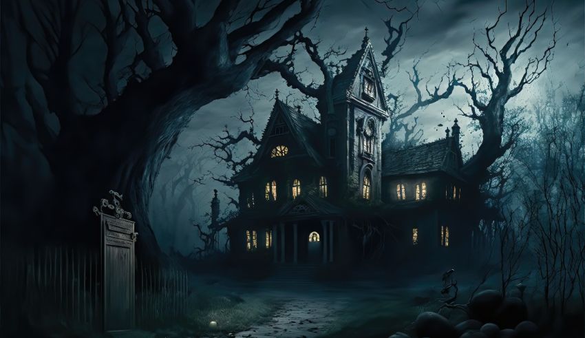 A haunted house in the woods at night.